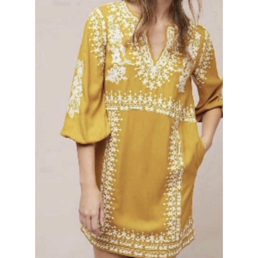 Akemi and Kin Dress Womens 6/8 Yellow Embroidered Boho Floral Tunic Pockets‎